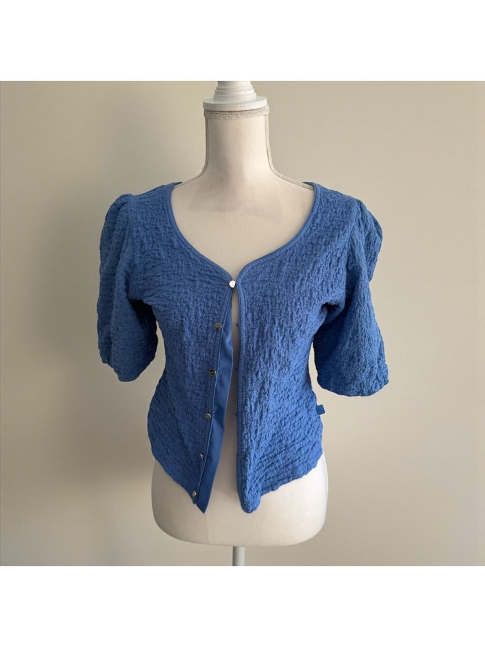 DKNY Blue Silver Button Down Short Sleeve Top Size Large